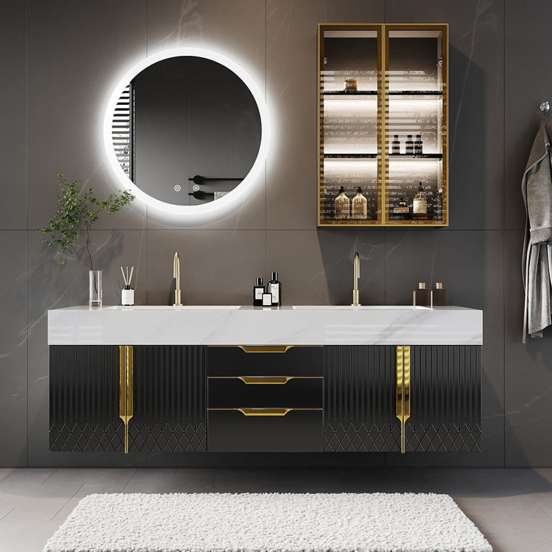 Aro Series Bathroom Vanity Set 59" Floating Faux Marble Bathroom Vanity Black With Sink, ""Black / Gold""