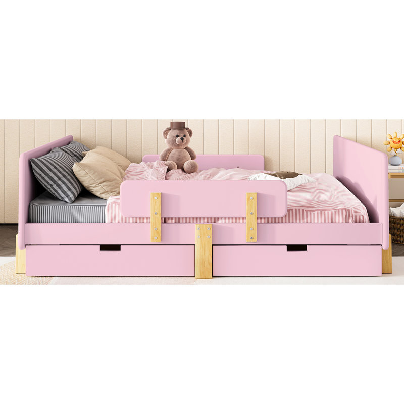 Lit plateforme double rose avec tiroirs de rangement, structure en bois massif, rail et tablette pour garde-corps en pin