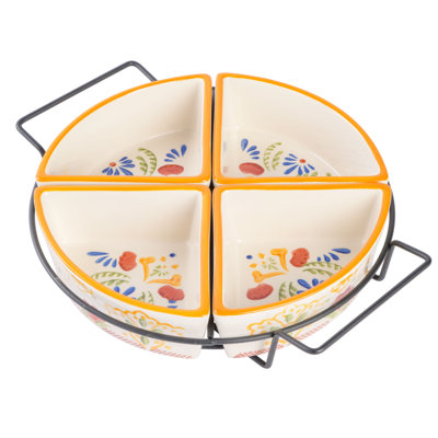 Hand Painted Dinnerware Set, 4-Section Tidbit Dish W/Metal Rack, Assorted