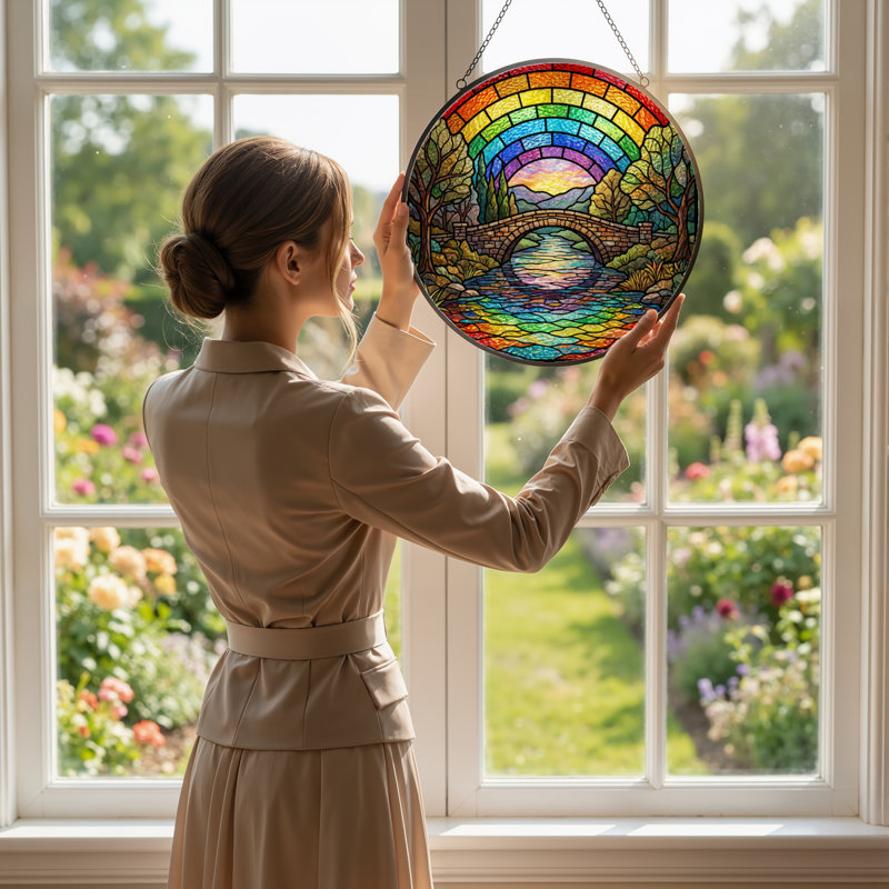 12"H Rainbow Landscape Stained Glass Window Panel