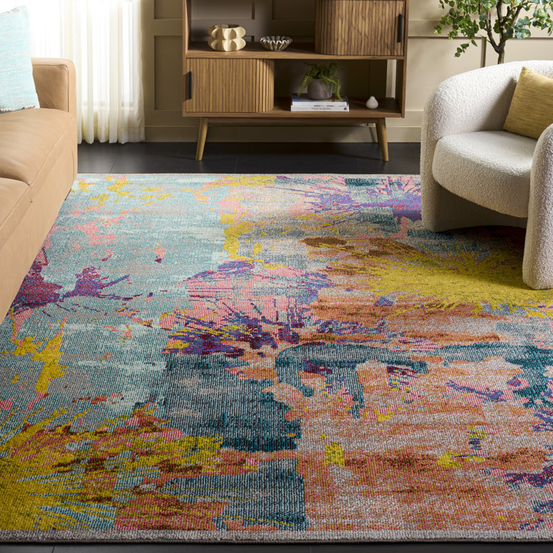 Felty Abstract Blue/Orange/Yellow Area Rug, Rectangle 8' x 10'