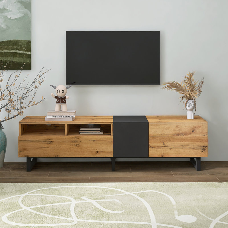 Modern TV Stand for 80'' TV with Double Storage Media Console Table Entertainment Center, Natural Wood/Gray