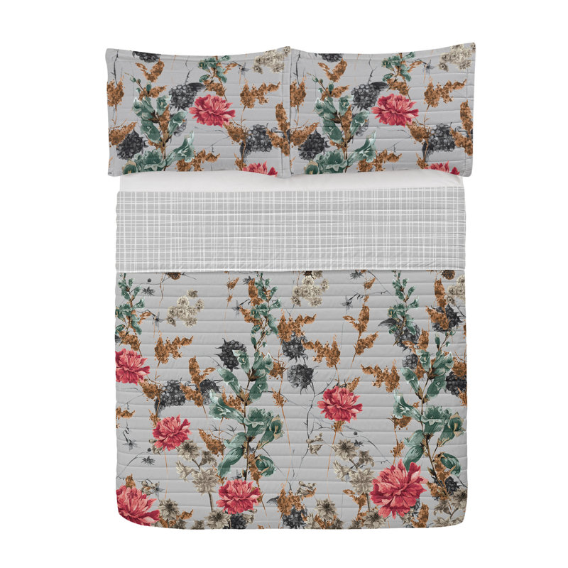 Queen Gray Coral Amber Microfiber Reversible Floral Bedspread Set