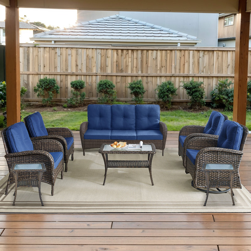 Ensemble de conversation d'extérieur 8 pièces avec coussins et tables d'appoint Gaetanino, Bleu