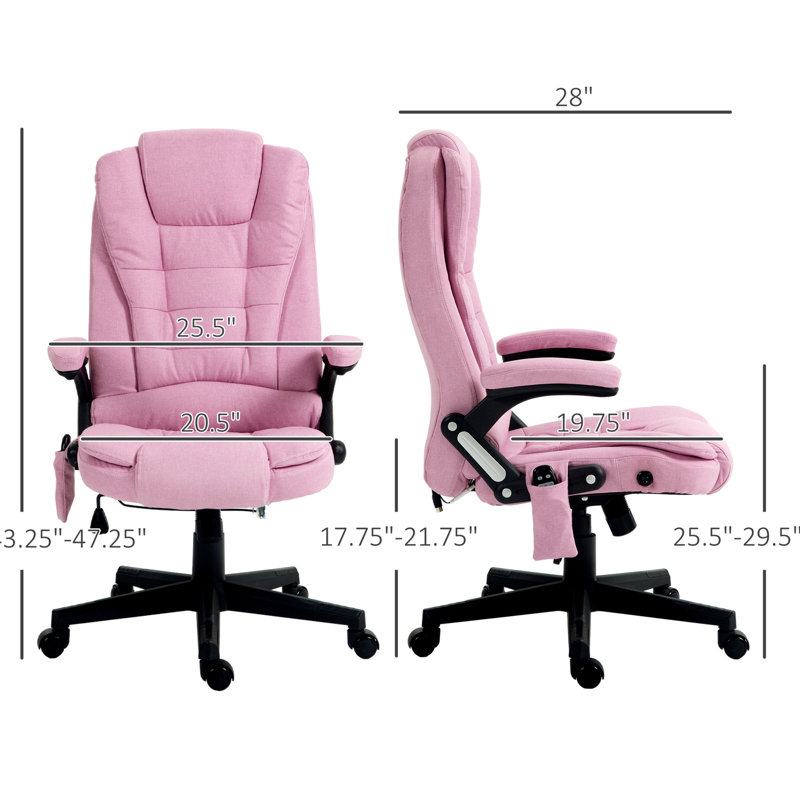 Chaise de bureau rose avec vibration et chaleur à 6 points, dossier inclinable à haut dossier, rembourrage pour une expérience assise améliorée, chauffage vibrant en rose, dossier en lin, rembourrage des accoudoirs, siège réglable