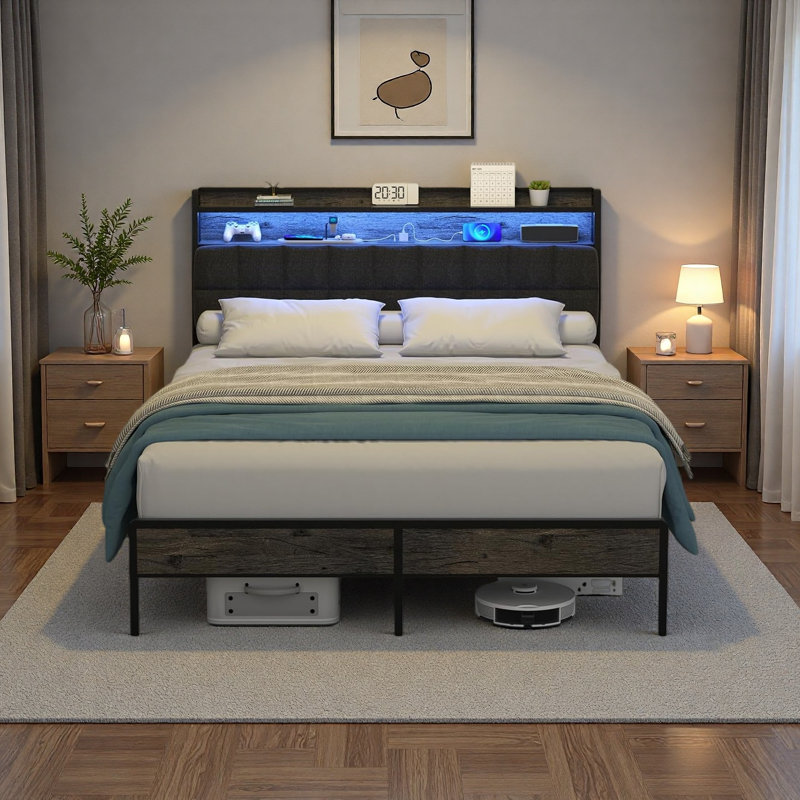 Cadre de grand lit, tête de lit ergonomique avec rangement multi-espace, cadre de lit avec station de charge lumières à DEL RVB