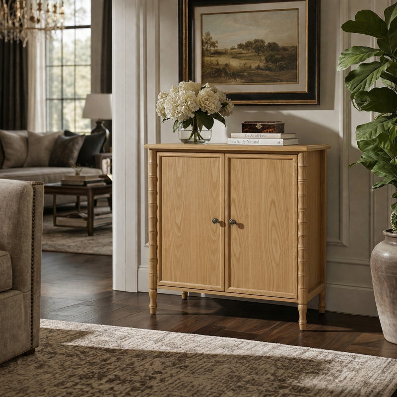 Lucious Transitional 32''W 2-Door Transitional Storage Curved Cabinet with Classic Spindle Legs and Cable Management, Oak