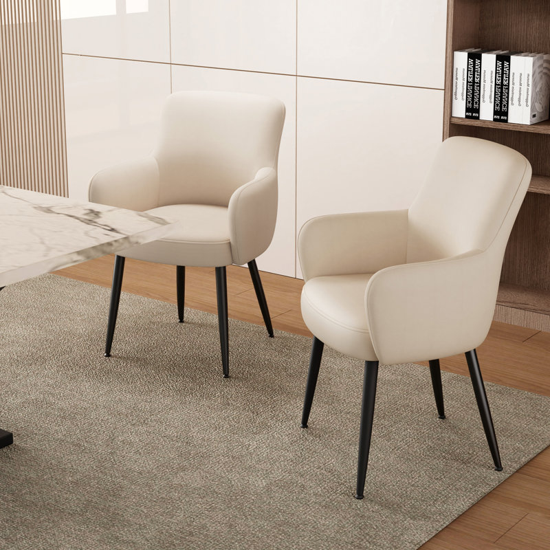 Modern Faux Leather Upholstered Arm Dining Chair, Beige