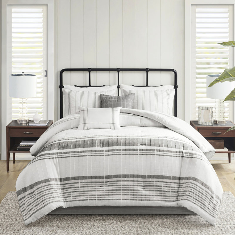 Édredon 6 pièces pour lit très grand - gris / blanc en coton