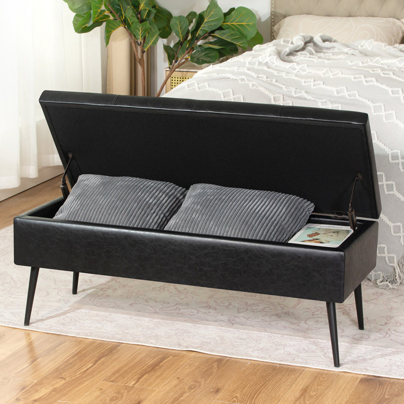  42" Faux Leather Storage Ottoman Bench With Metal Legs, Black