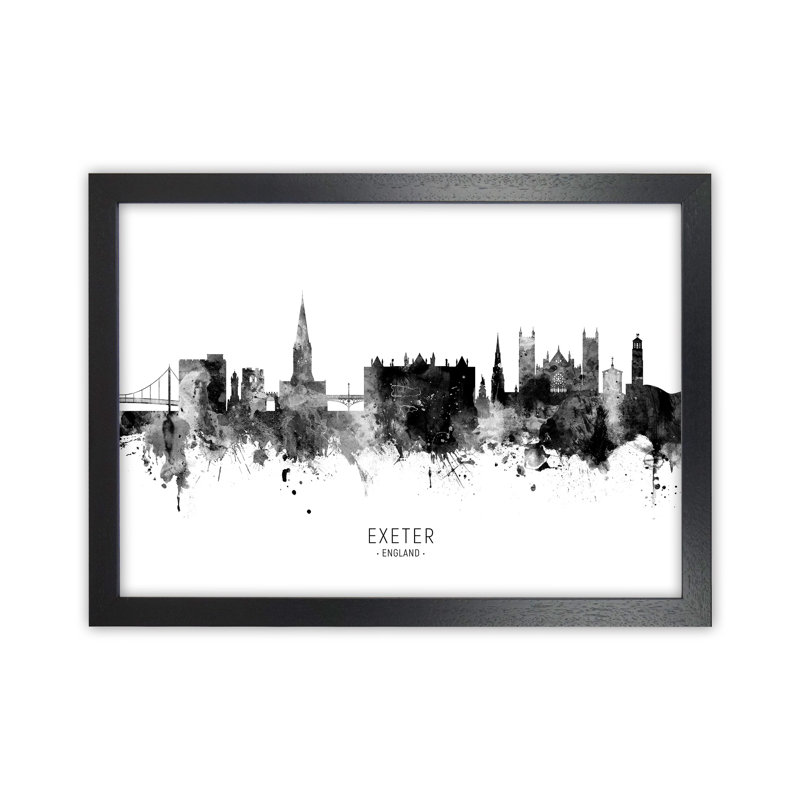 Exeter England Skyline Black White City Name by Michael Tompsett - Print, 25cm H x 34cm W x 3cm D, Black Framed