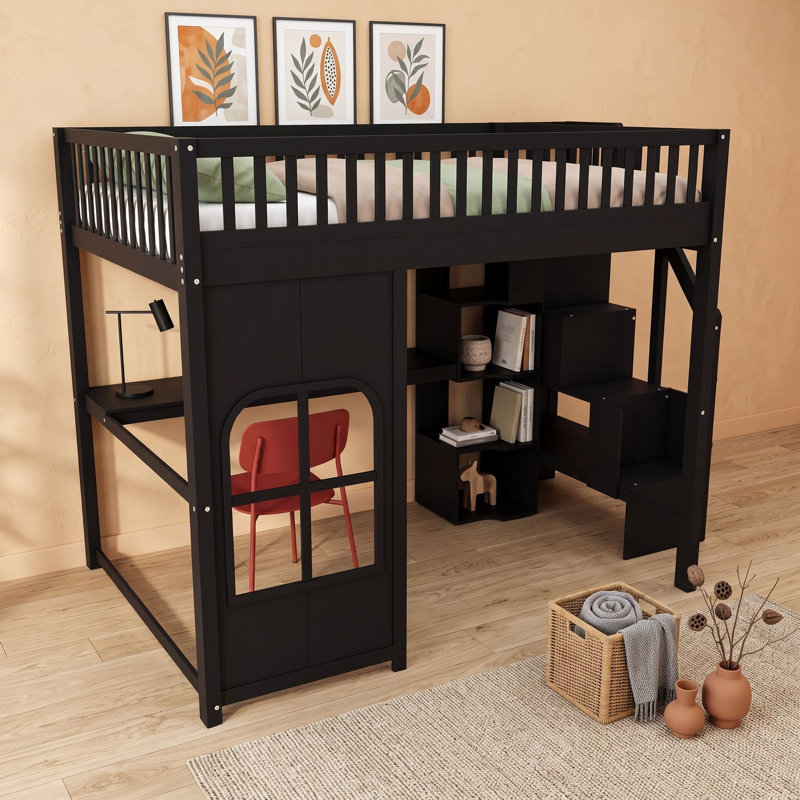 Lit mezzanine avec escalier de rangement, bureau, panneau de fenêtre décoratif et éclairage LED., Full, Black