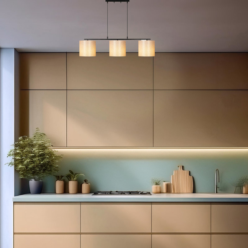Luminaire suspendu pour îlot de cuisine 3 lumières à hauteur réglable avec capuchon en tissu, Crème