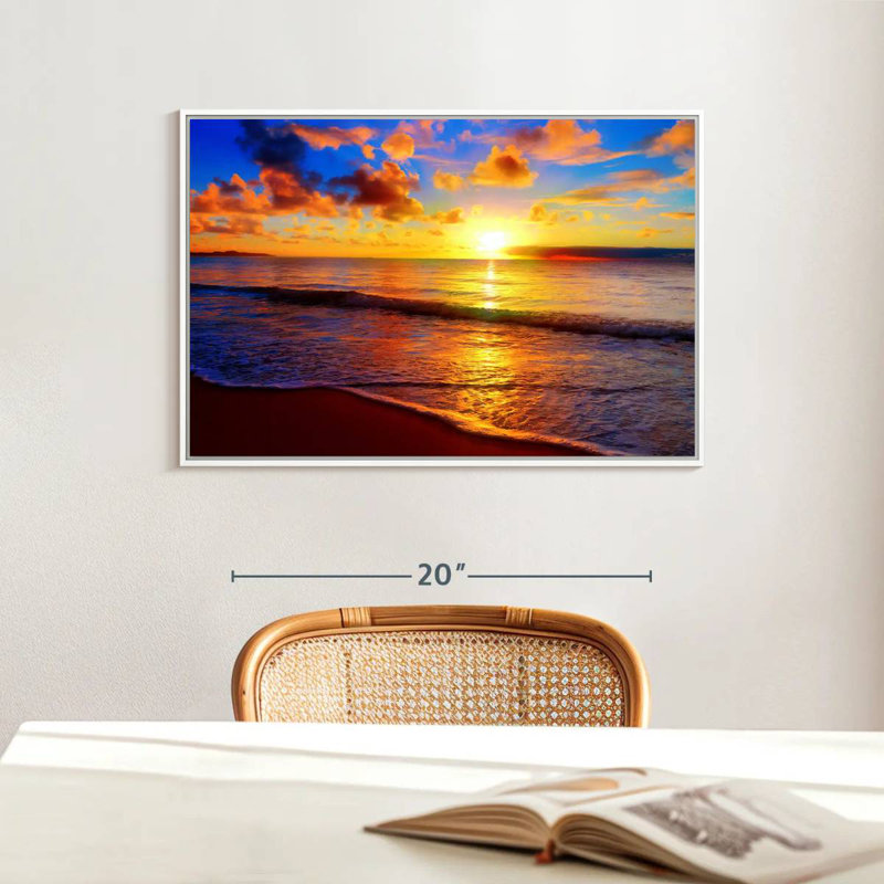 Coucher de soleil méditatif sur Aurelus, Cadre flottant blanc, H 29 po x l 43 po