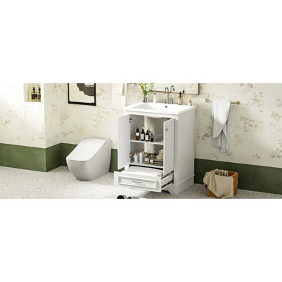 Armoire de salle de bain 24 po avec lavabo en céramique, lignes élégantes, construction, lavabo de tiroir fonctionnel, style moderne, céramique, espace réglable
