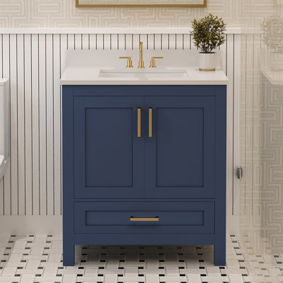 Meuble-lavabo en bois massif avec lavabo Orbison, 3 trous de robinet pré-percés, 2 portes à fermeture douce, 7 tiroirs à pleine extension