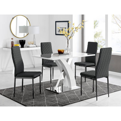 Marietta Chrome Metal & White High Gloss Dining Table Set - 4 Soft Touch Faux Leather Dining Chairs