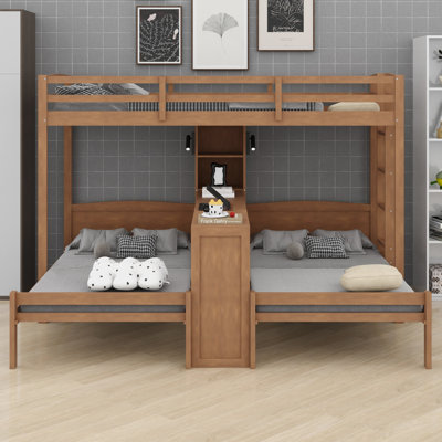 Lit superposé avec bureau intégré, tablettes de rangement et lampe de lecture, 3 lits dans un design compact