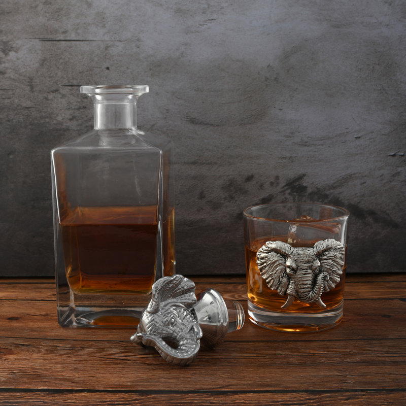 Elephant Head Glass Whiskey Decanter Set with Metal Accents