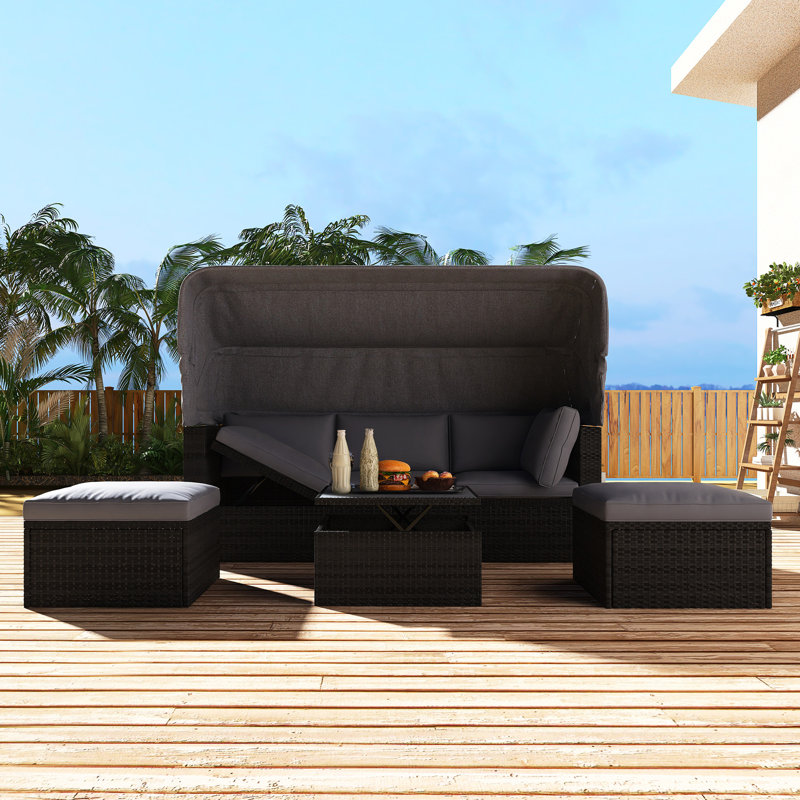OUTDOOR PATIO RECTANGLE DAYBED WITH RETRACTABLE CANOPY, Gray