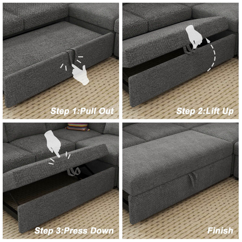 Rafael L-Shaped Modular Sleeper Sectional with Storage, Light Gray Chenille