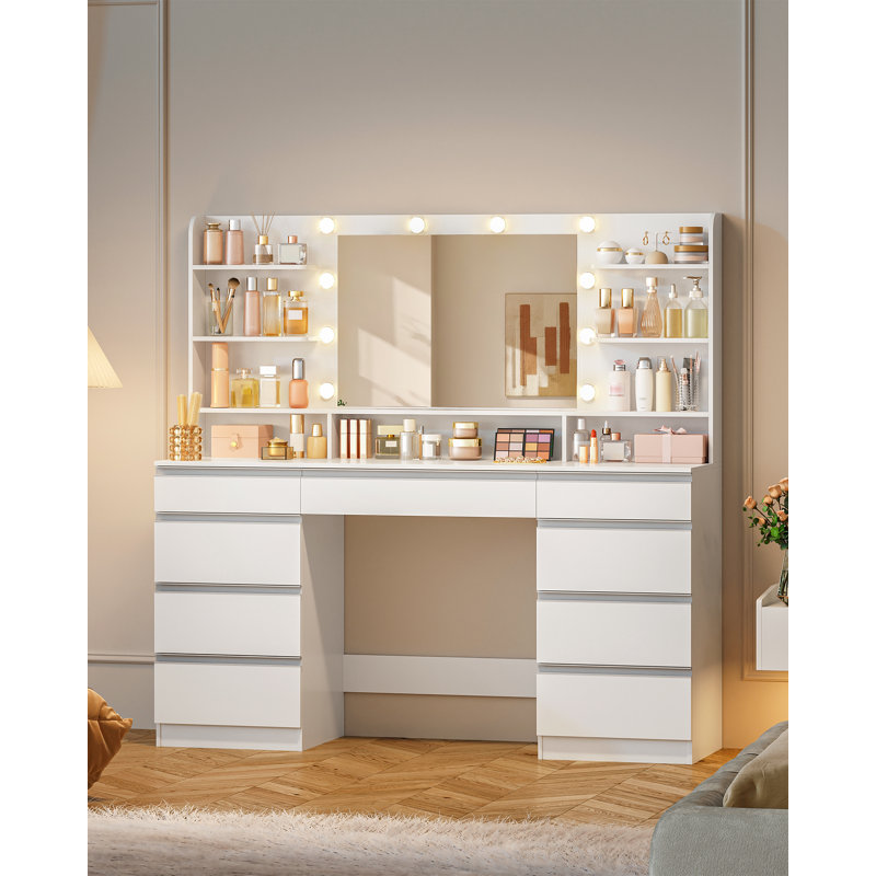 Dressing Table with Bulb Light, Vanity Desk with 1 Large Drawer and 8 Small Drawer Cabinets, Adjustable Brightness, Large HD Mirror, 9 Open Storage Areas, 150 cm desktop, White 