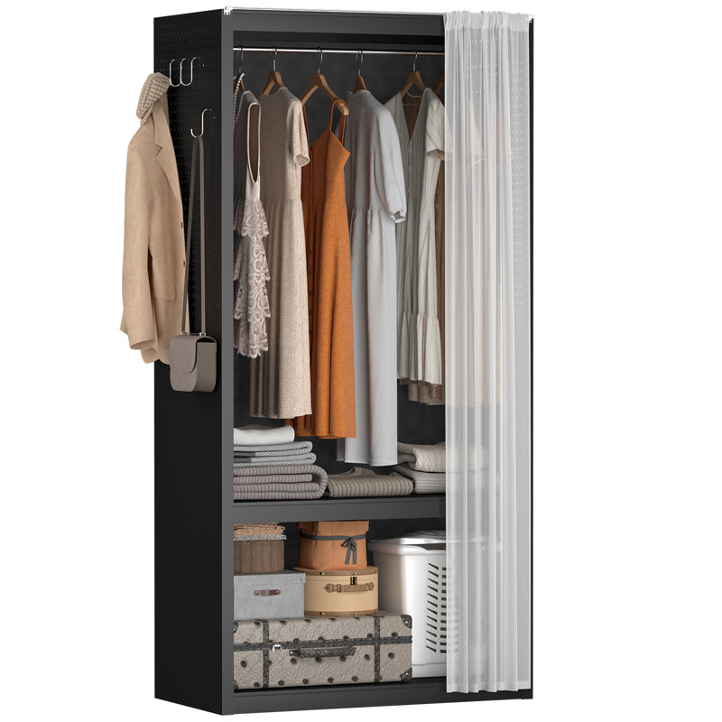 Armoire en métal autoportante avec rideau transparent, tringle et tablette de rangement