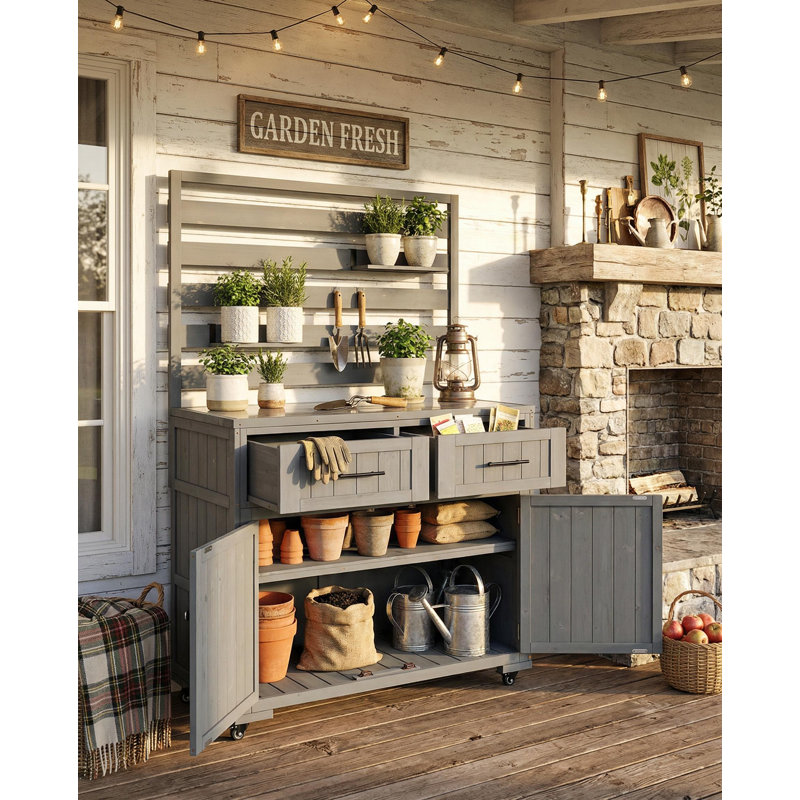 Banc de rempotage 64,9 po avec tiroirs, table de travail de jardin en bois massif avec plateau et tablettes en acier inoxydable
