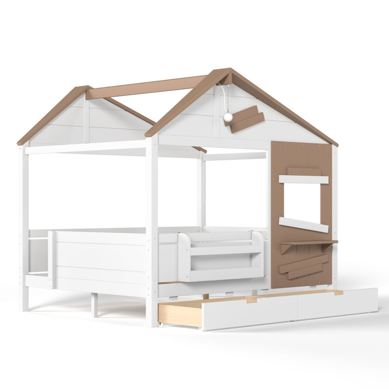 Lit double pleine grandeur en bois massif avec tablette pour fenêtre, crochets latéraux, ampoule et tiroirs, Full, White