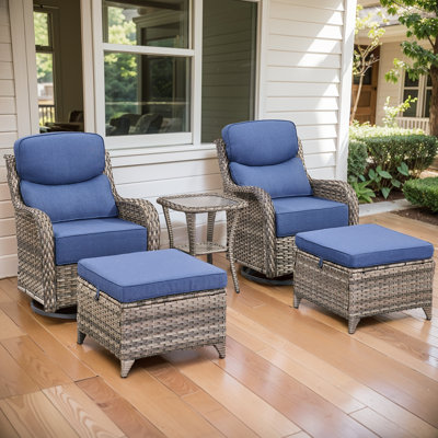 Deb 5-Piece Outdoor Conversation Set with Wicker Swivel Rocking Chairs, Ottomans & Side Table