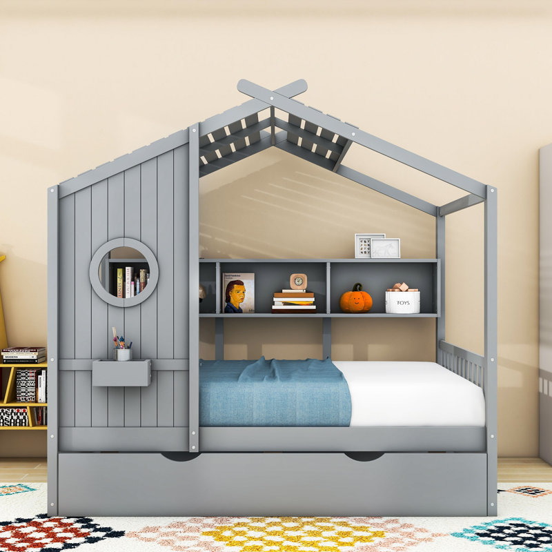 Lit en bois avec lit gigogne simple et tablettes de rangement, Gris, Double