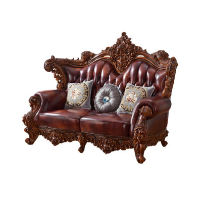 High-grade Sofa With Solid Wood Carving 80.71'' Genuine Leather Rolled Arm Loveseat -  Romero, XJY19ENP1GV