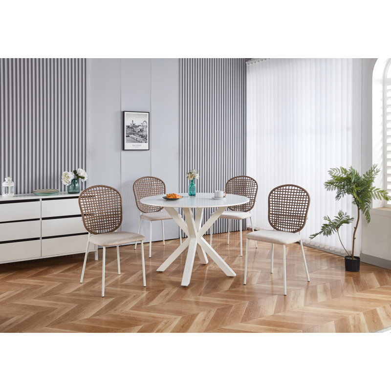 Ensemble de salle à manger 1 + 4,5 pièces, table de salle à manger à pieds en métal Mid-Century pour 4-6 personnes avec plateau en MDF, table de salle à manger à piédestal, table basse de loisirs