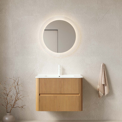 Meuble-lavabo de salle de bain avec lavabo, armoire de rangement murale rayée en contreplaqué flottant avec lavabo rectangulaire en céramique à 2 tiroirs, sans robinet