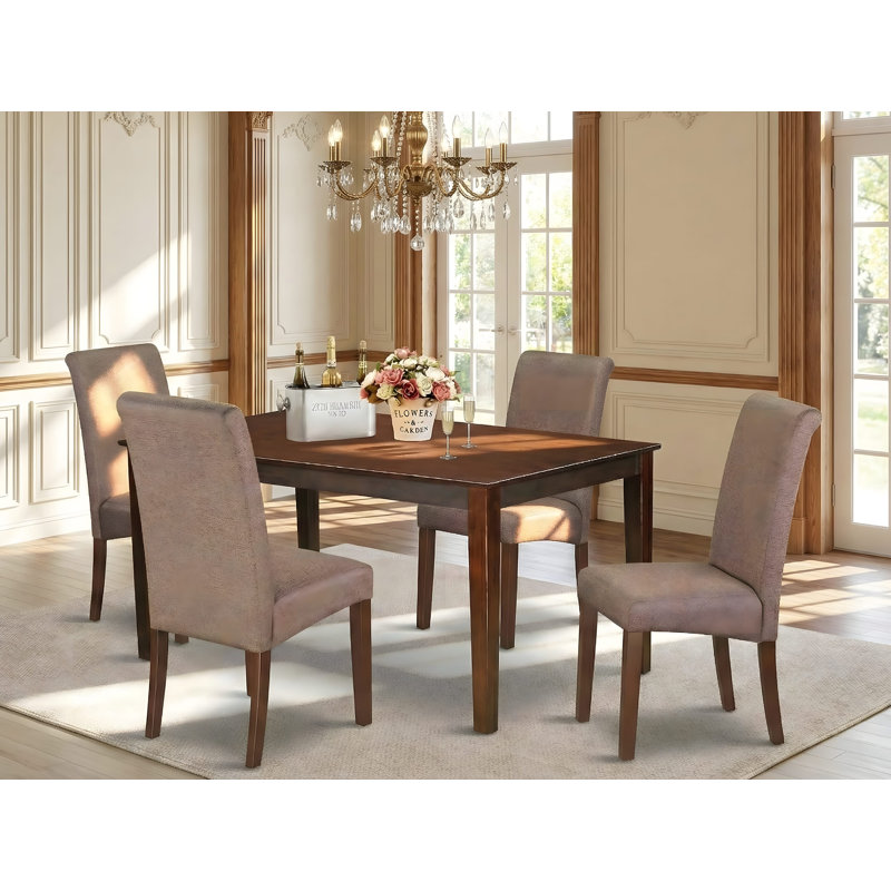 Ensemble de table de salle à manger 5 pièces comprenant une table de cuisine rectangulaire et 4 chaises de salle à manger Parsons en tissu brun, acajou