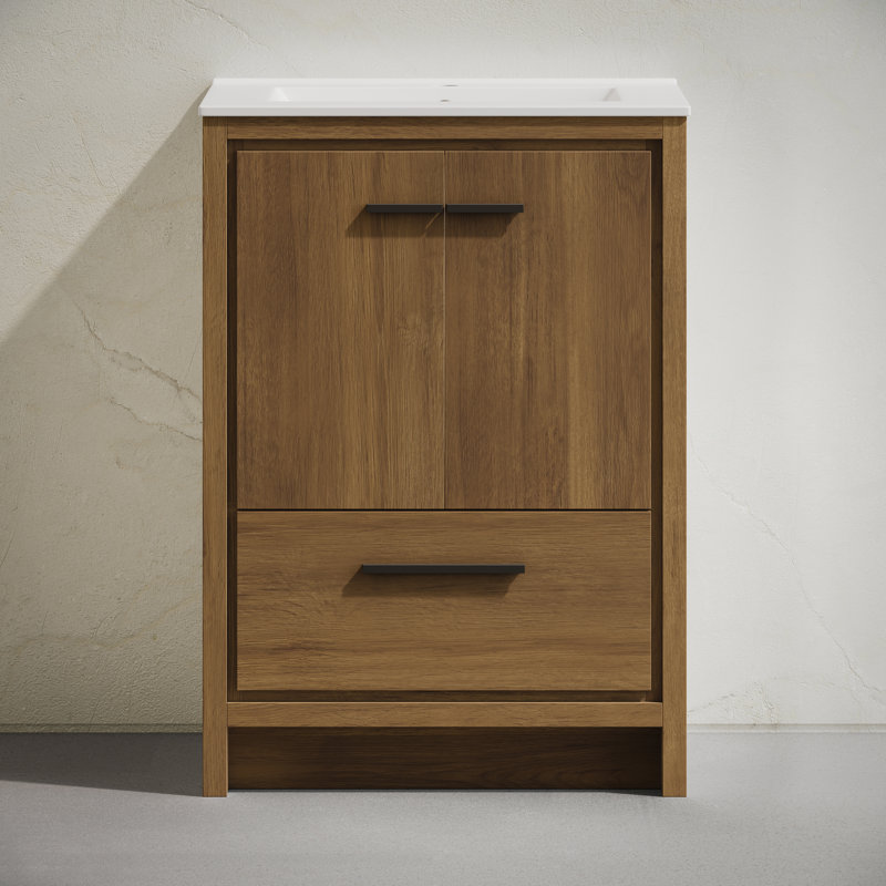 Virage 24" Freestanding Bathroom Vanity In Brown Oak With Sink Top, Black, Single Hole, Brown