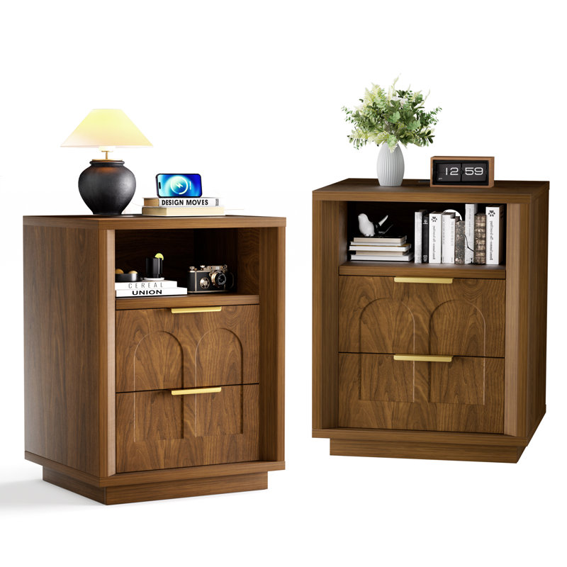 Tables de chevet avec rangement, tables compactes modernes en noyer et bois aggloméré