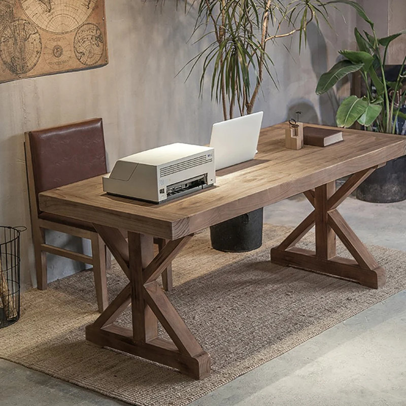 Natural Wood Rustic Farmhouse Trestle Base Office Desk