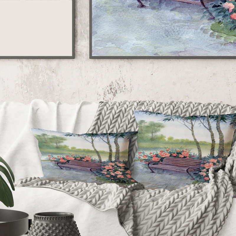 Bench In Park By The Pions Bushes Lumbar Pillow