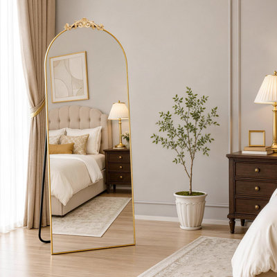 Vintage Arched Full Length Floor Mirror, Ornate Carved Framed Full Body Mirror, Freestanding, Leaning & Wall Mounted for Bedroom & Entryway Decor