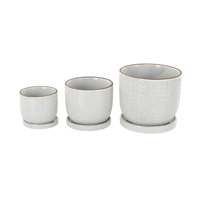 Cole And Grey 3 Piece Ceramic Abstract Circle Patterned Planter With Brown Accents And Base Tray Set