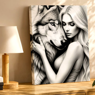Black White Woman Hugging Wolf Portrait Canvas Wall Art Print, Black And White, Animal Inspired Decorative Wall Decor For Living Room Bedroom Office, Living Room Bedroom Office Decor