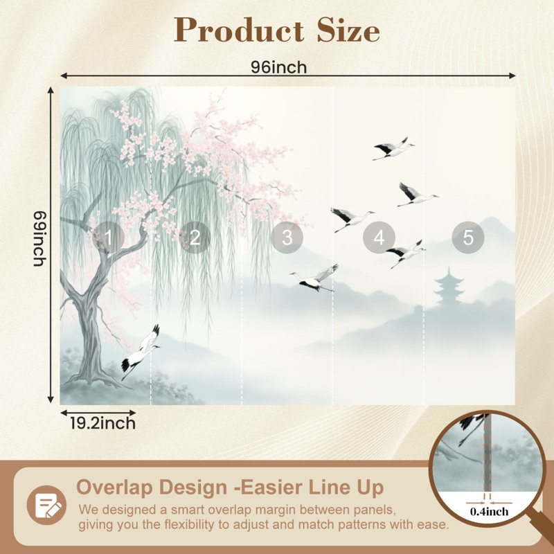 Papier peint adhésif mural Boho Graceful Cranes Misty Landscape, L 96 po x l 69 po