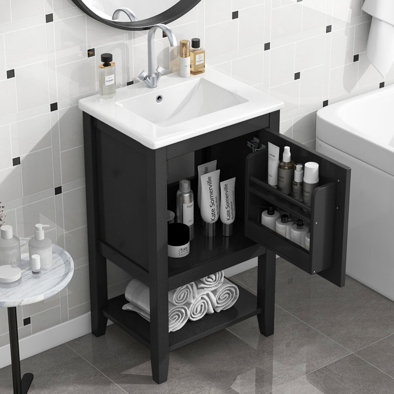 Meuble-lavabo de 20 po avec lavabo, armoire de salle de bain avec porte à fermeture douce, support de rangement et tablette ouverte, meuble-lavabo