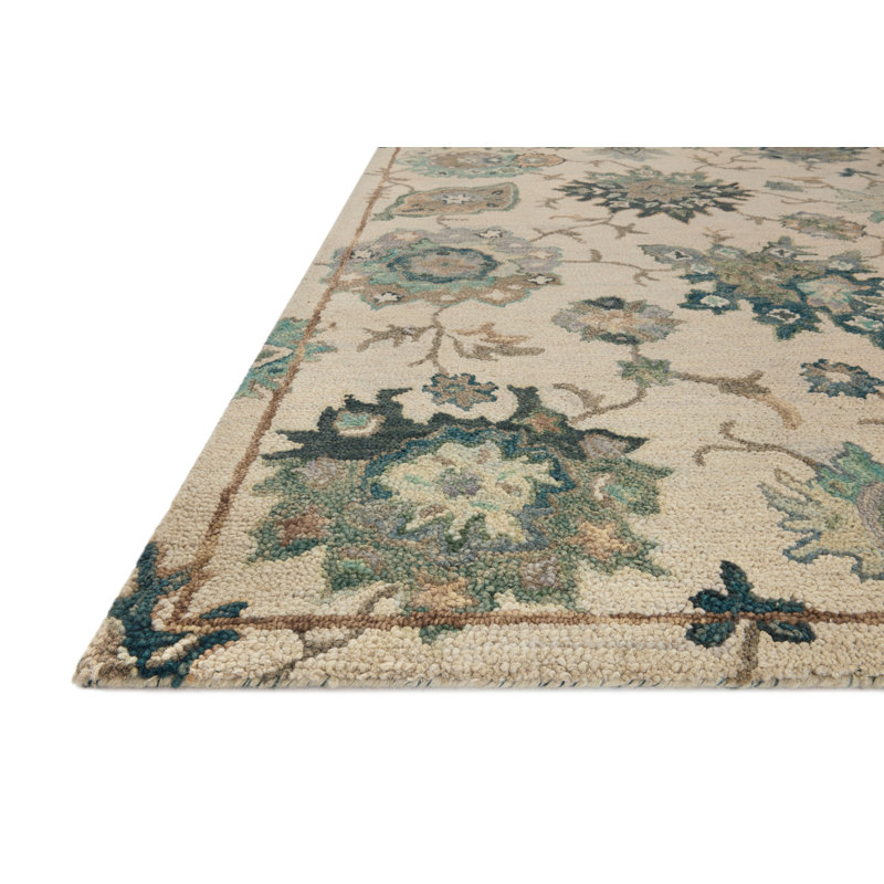 Tapis oriental bleu / beige en laine fabriqué à la main Kraker, Rectangle 5 pi x 7 pi 6 po