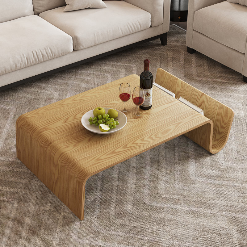 Table basse 42 po en bois massif entièrement assemblée avec fente de rangement pour livre de magazines, table de salon moderne en bois massif courbé