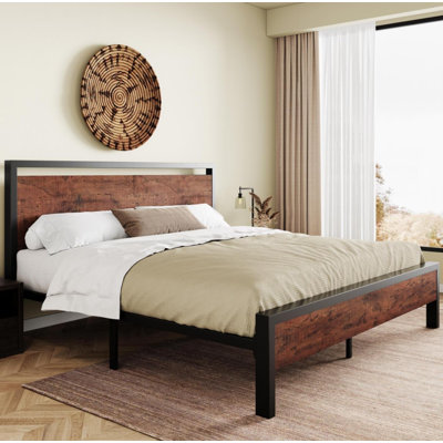 Minas Classical Metal Platform Bed Frame with Wood Headboard and Footboard