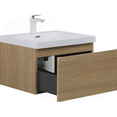 Meuble-lavabo flottant avec lavabo, meuble de rangement mural moderne avec tiroir à fermeture en douceur, idéal pour les salles de bain compactes et fonctionnelles.