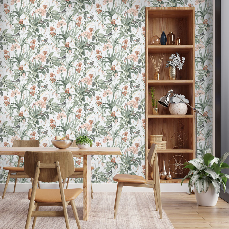 Papier peint botanique Mint Birds and Dragonflies, Vert
