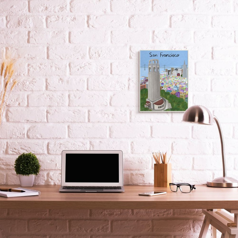 Impression d’art graphique, "San Francisco Landmark City scene" par Carla Daly, H 19 po x l 13 po, Plaque murale